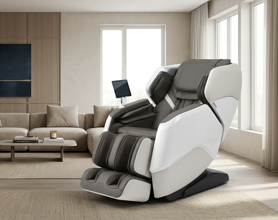 Oxynova massage chair in white and golden, in a bright living space